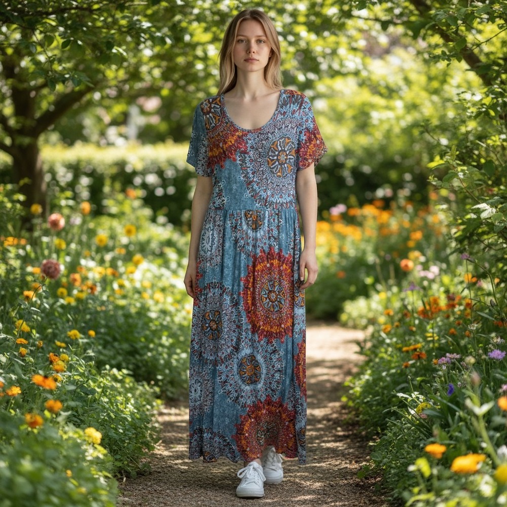 DEARCASE Maxi Dress Women's L Blue Mandala Print Short Sleeve Empire Waist Boho